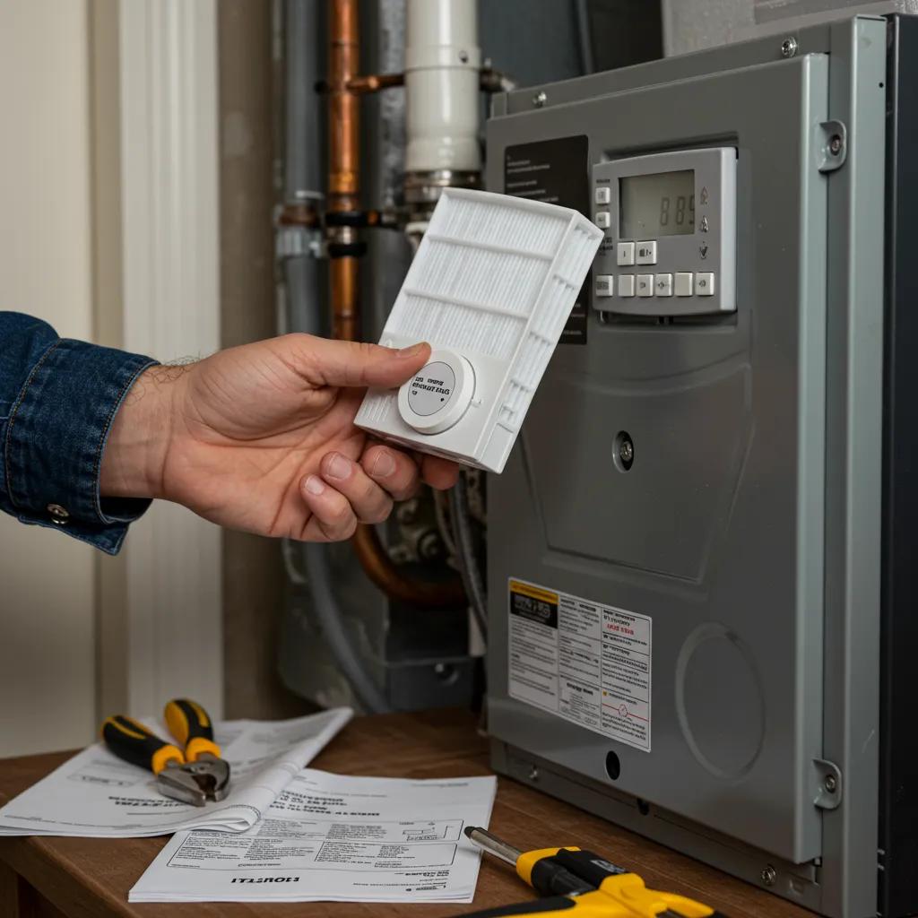 Homeowner troubleshooting a furnace, checking thermostat and air filter