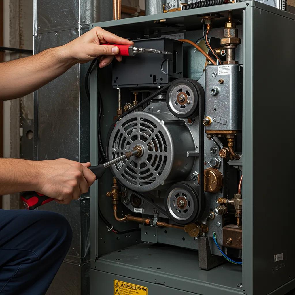 Technician maintaining a furnace, focusing on blower motor and belts