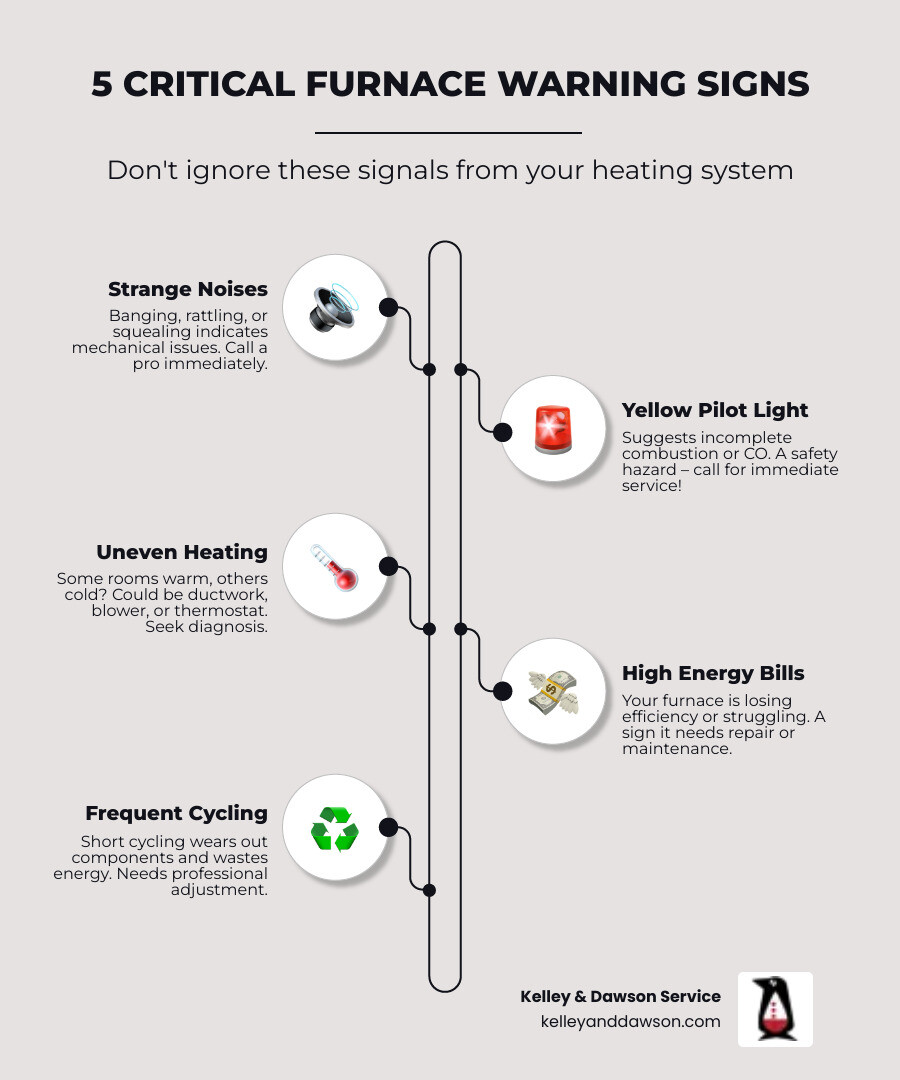 Infographic showing five critical furnace warning signs: strange banging or rattling noises, yellow or flickering pilot light, rooms with uneven temperatures, sudden spike in energy bills, and frequent on-off cycling. Each sign includes a brief explanation and when to call a professional - furnace repair best in wichita, ks infographic infographic-line-5-steps-elegant_beige