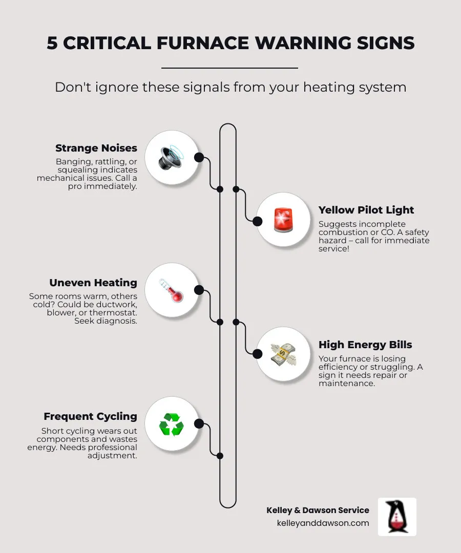 Infographic showing five critical furnace warning signs: strange banging or rattling noises, yellow or flickering pilot light, rooms with uneven temperatures, sudden spike in energy bills, and frequent on-off cycling. Each sign includes a brief explanation and when to call a professional - furnace repair best in wichita, ks infographic infographic-line-5-steps-elegant_beige