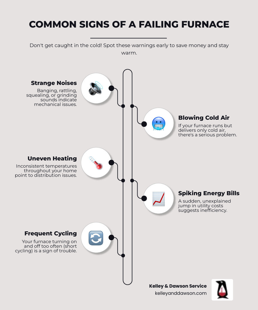 Infographic showing common signs of a failing furnace including strange noises, cold air, uneven heating, increased energy bills, frequent cycling, and pilot light issues, along with when to call for professional service - furnace repair affordable in wichita, ks infographic infographic-line-5-steps-elegant_beige