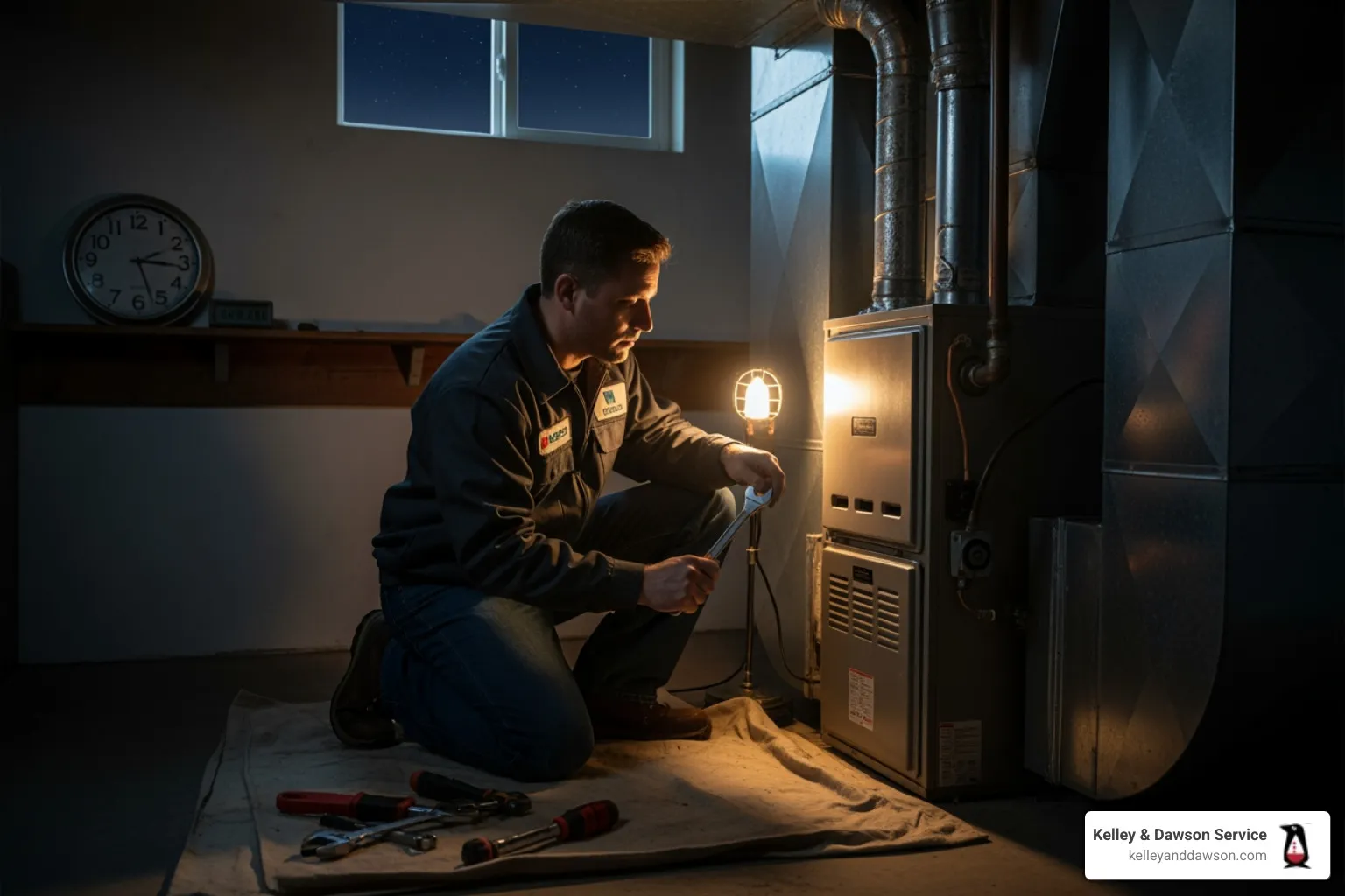 Infographic showing the top 5 signs a furnace needs emergency repair: no heat production, gas or burning smell, yellow pilot light instead of blue, loud banging or scraping noises, and frequent on-off cycling - furnace repair 24 hour in wichita, ks