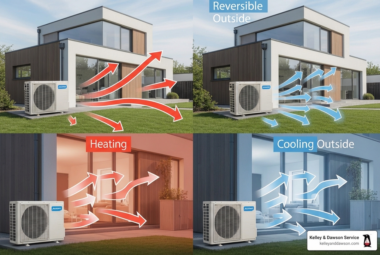 Infographic showing heat pump operation in heating mode (extracting outdoor heat and transferring indoors) and cooling mode (removing indoor heat and releasing outdoors) with arrows indicating heat transfer direction and labels for indoor and outdoor units - heat pump systems service in derby, ks Infographic showing heat pump operation in heating mode (extracting outdoor heat and transferring indoors) and cooling mode (removing indoor heat and releasing outdoors) with arrows indicating heat transfer direction and labels for indoor and outdoor units - heat pump systems service in derby, ks