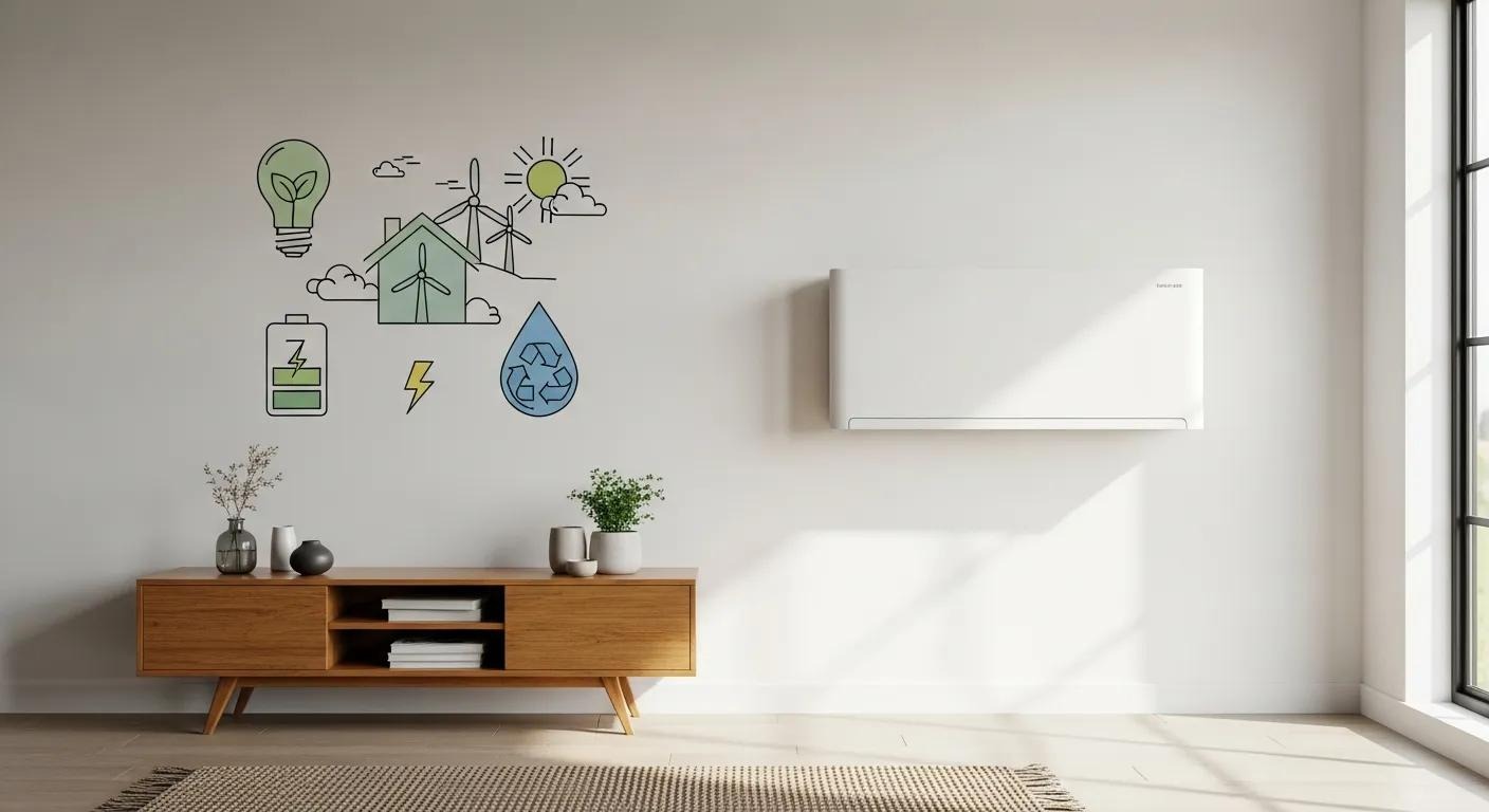 Heat pump and energy‑saving icons in a modern home