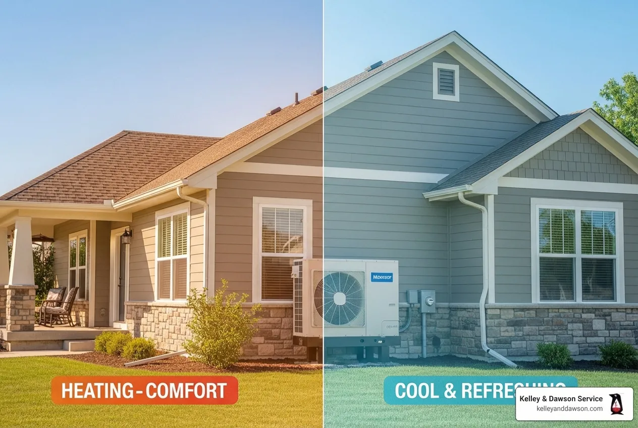 infographic showing heat pump operation in heating and cooling modes with arrows indicating heat transfer direction, energy efficiency comparison chart, and seasonal benefits for Derby homeowners - informational heat pump infographic, not a header image