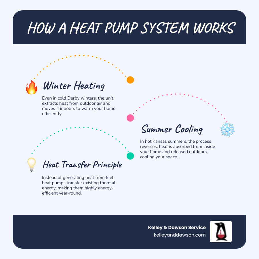 infographic showing heat pump operation in heating and cooling modes, with arrows indicating heat transfer from outdoor air to indoor space in winter and the reverse in summer, including labels for key components like compressor, refrigerant lines, and indoor/outdoor units - heat pump systems in derby, ks infographic infographic-line-3-steps-blues-accent_colors infographic showing heat pump operation in heating and cooling modes, with arrows indicating heat transfer from outdoor air to indoor space in winter and the reverse in summer, including labels for key components like compressor, refrigerant lines, and indoor/outdoor units - heat pump systems in derby, ks infographic infographic-line-3-steps-blues-accent_colors