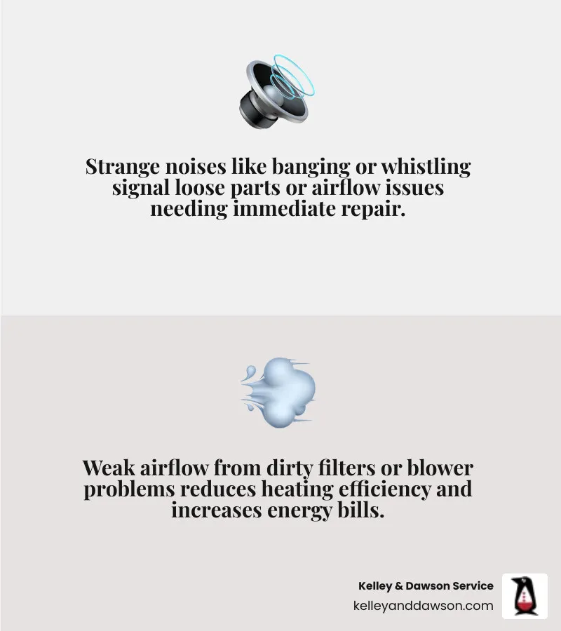 infographic showing common furnace problems in Andover KS including strange noises, weak airflow, uneven heating, yellow pilot light, burning odors, rising utility bills, and when to call for emergency service versus scheduled maintenance - furnace repair in andover, ks infographic 2_facts_emoji_grey