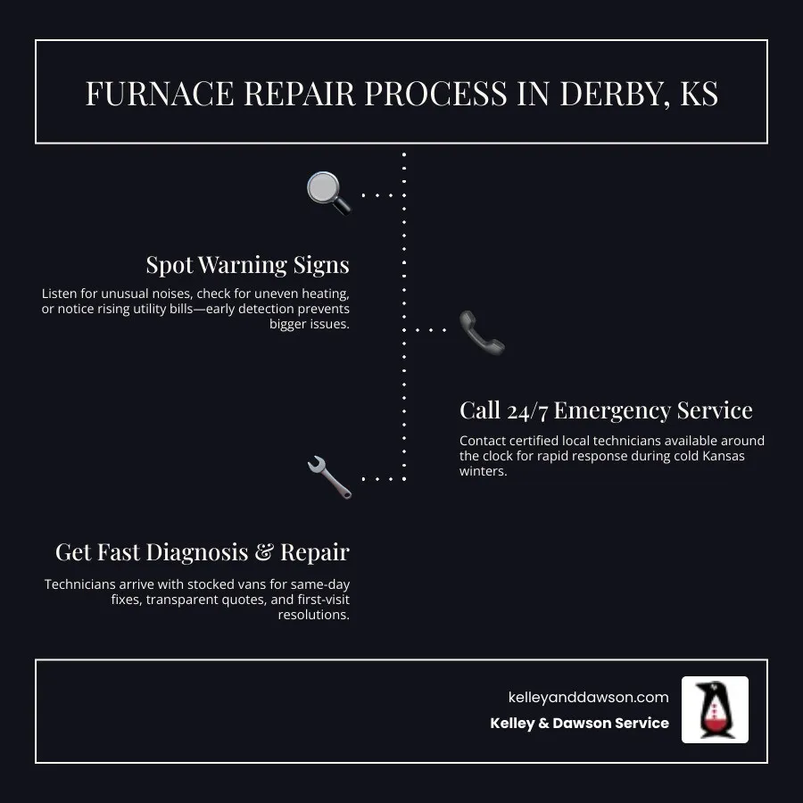 Infographic showing the furnace repair process in Derby KS: 1) Recognize warning signs like strange noises or uneven heating, 2) Call a certified local technician for 24/7 emergency service, 3) Receive same-day diagnosis with fully stocked service vans, 4) Get transparent pricing and upfront quotes, 5) Complete most repairs on first visit, 6) Schedule biannual maintenance to prevent future breakdowns - furnace repair in derby, ks infographic infographic-line-3-steps-dark