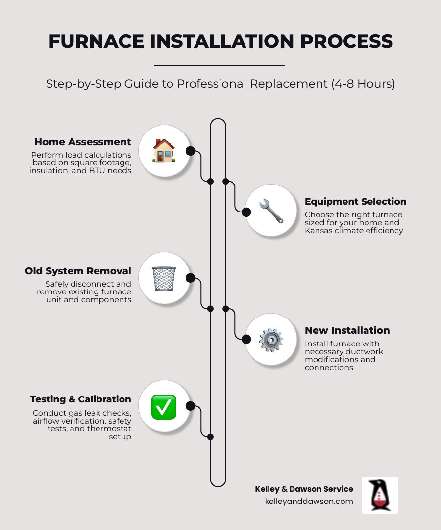 Infographic showing the furnace installation process: initial home assessment and load calculation, equipment selection based on square footage and insulation, removal of old system, installation of new furnace with ductwork modifications if needed, safety testing including gas leak checks and airflow verification, final system calibration and thermostat programming, typical timeline of 4-8 hours for standard replacement - furnace installation company in andover, ks infographic infographic-line-5-steps-elegant_beige Infographic showing the furnace installation process: initial home assessment and load calculation, equipment selection based on square footage and insulation, removal of old system, installation of new furnace with ductwork modifications if needed, safety testing including gas leak checks and airflow verification, final system calibration and thermostat programming, typical timeline of 4-8 hours for standard replacement - furnace installation company in andover, ks infographic infographic-line-5-steps-elegant_beige