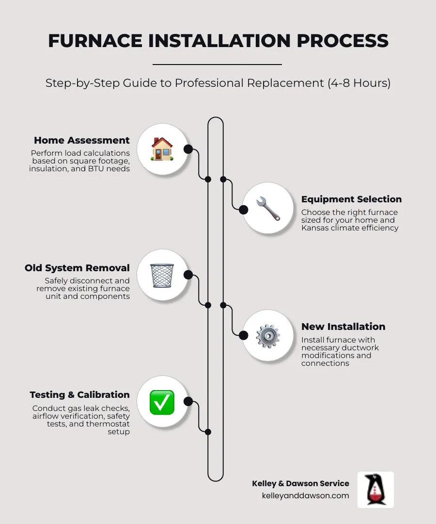 Infographic showing the furnace installation process: initial home assessment and load calculation, equipment selection based on square footage and insulation, removal of old system, installation of new furnace with ductwork modifications if needed, safety testing including gas leak checks and airflow verification, final system calibration and thermostat programming, typical timeline of 4-8 hours for standard replacement - furnace installation company in andover, ks infographic infographic-line-5-steps-elegant_beige Infographic showing the furnace installation process: initial home assessment and load calculation, equipment selection based on square footage and insulation, removal of old system, installation of new furnace with ductwork modifications if needed, safety testing including gas leak checks and airflow verification, final system calibration and thermostat programming, typical timeline of 4-8 hours for standard replacement - furnace installation company in andover, ks infographic infographic-line-5-steps-elegant_beige