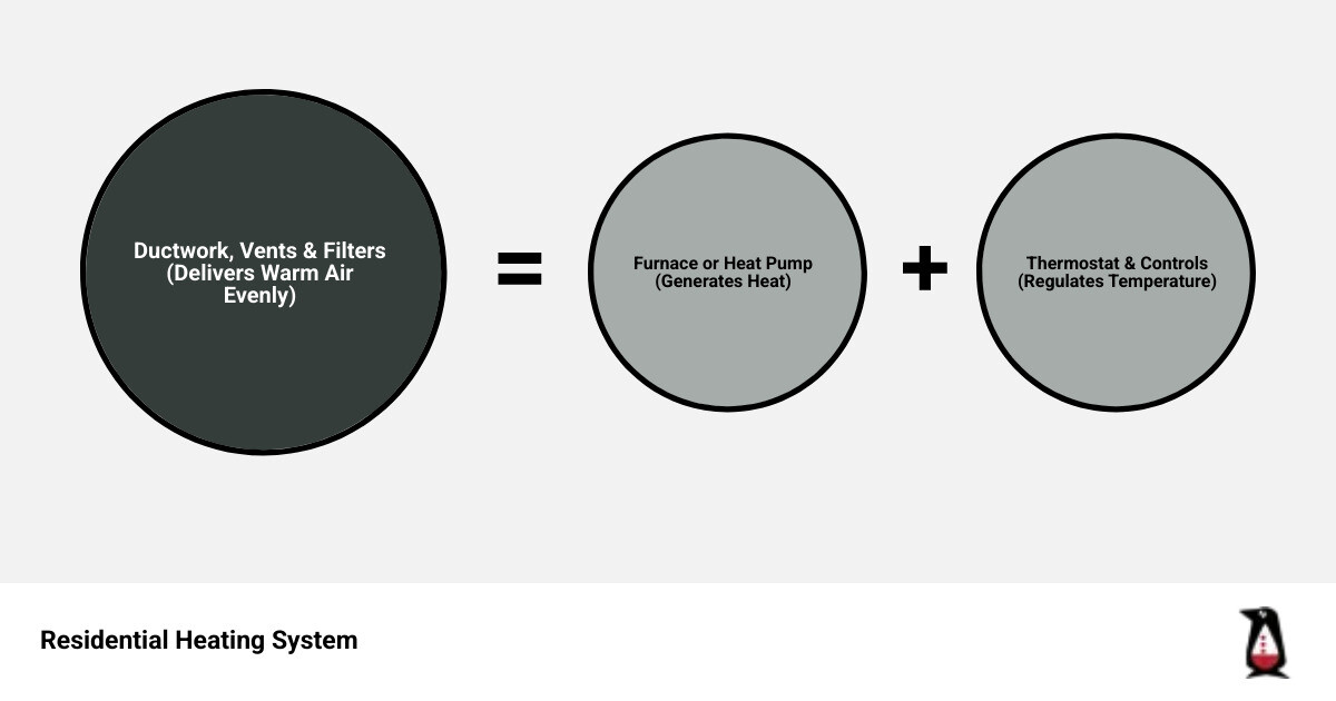 Infographic showing residential heating system components including furnace, thermostat, ductwork, vents, filter location, and common failure points with warning signs for each component - heating repair in andover, ks infographic sum_of_parts Infographic showing residential heating system components including furnace, thermostat, ductwork, vents, filter location, and common failure points with warning signs for each component - heating repair in andover, ks infographic sum_of_parts