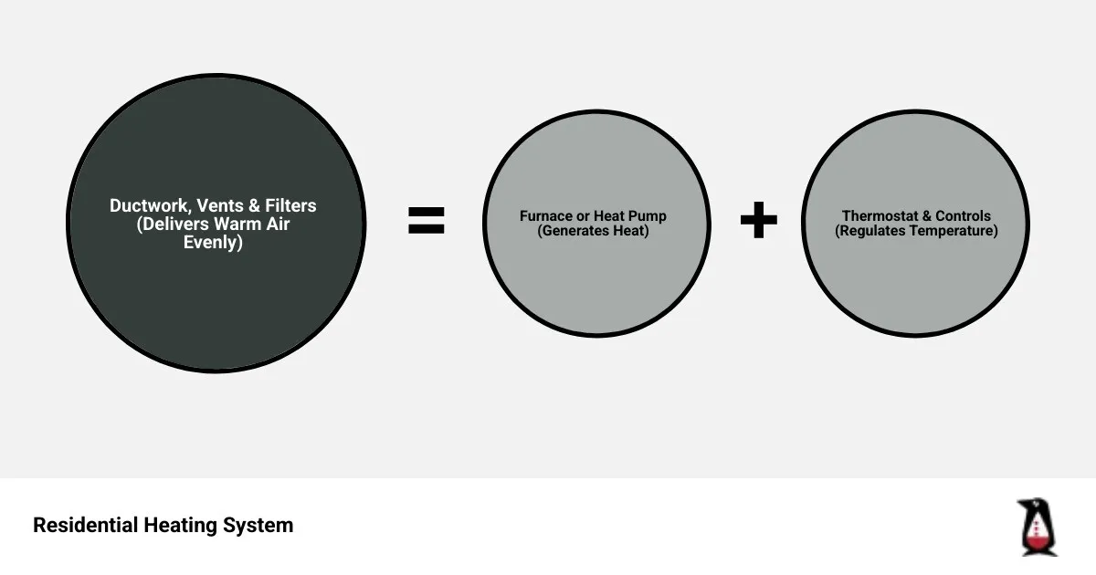 Infographic showing residential heating system components including furnace, thermostat, ductwork, vents, filter location, and common failure points with warning signs for each component - heating repair in andover, ks infographic sum_of_parts Infographic showing residential heating system components including furnace, thermostat, ductwork, vents, filter location, and common failure points with warning signs for each component - heating repair in andover, ks infographic sum_of_parts