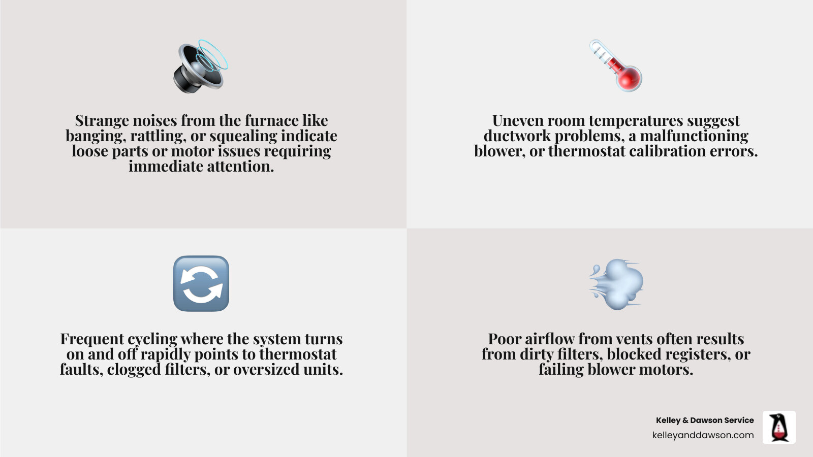 Infographic showing key heating repair warning signs including strange noises from furnace, thermostat displaying error codes, uneven room temperatures throughout home, visible pilot light problems, increased energy bills, frequent system cycling, and poor airflow from vents - heating repair in derby, ks infographic 4_facts_emoji_grey Infographic showing key heating repair warning signs including strange noises from furnace, thermostat displaying error codes, uneven room temperatures throughout home, visible pilot light problems, increased energy bills, frequent system cycling, and poor airflow from vents - heating repair in derby, ks infographic 4_facts_emoji_grey