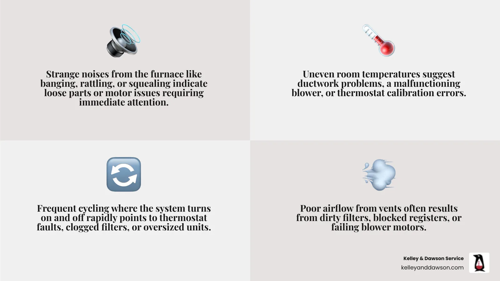 Infographic showing key heating repair warning signs including strange noises from furnace, thermostat displaying error codes, uneven room temperatures throughout home, visible pilot light problems, increased energy bills, frequent system cycling, and poor airflow from vents - heating repair in derby, ks infographic 4_facts_emoji_grey Infographic showing key heating repair warning signs including strange noises from furnace, thermostat displaying error codes, uneven room temperatures throughout home, visible pilot light problems, increased energy bills, frequent system cycling, and poor airflow from vents - heating repair in derby, ks infographic 4_facts_emoji_grey