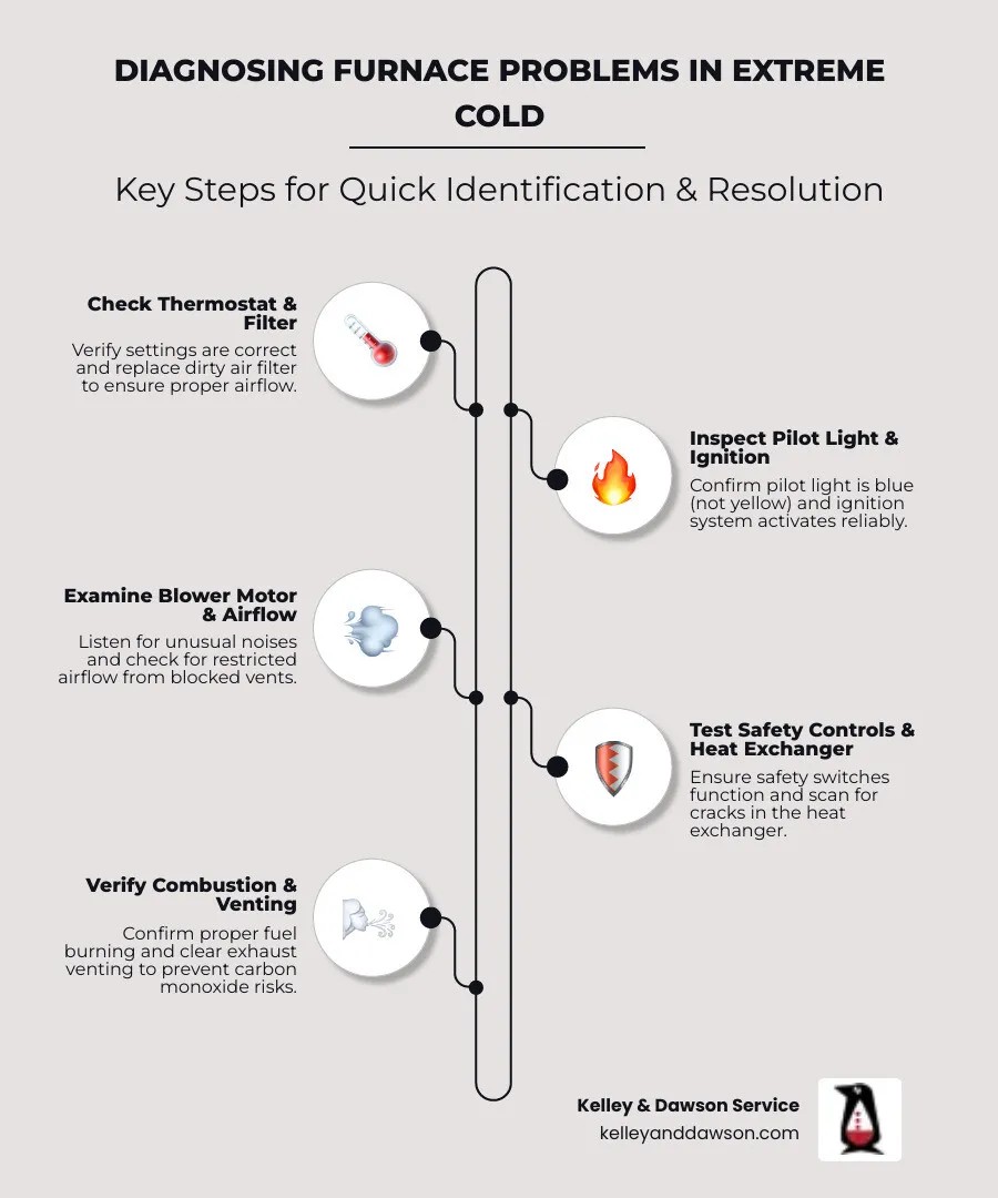 Infographic showing the key steps in diagnosing a furnace problem during extreme cold: check thermostat and filter, inspect pilot light and ignition system, examine blower motor and airflow, test safety controls and heat exchanger, verify proper combustion and venting - heating repair in wichita, ks infographic infographic-line-5-steps-elegant_beige Infographic showing the key steps in diagnosing a furnace problem during extreme cold: check thermostat and filter, inspect pilot light and ignition system, examine blower motor and airflow, test safety controls and heat exchanger, verify proper combustion and venting - heating repair in wichita, ks infographic infographic-line-5-steps-elegant_beige
