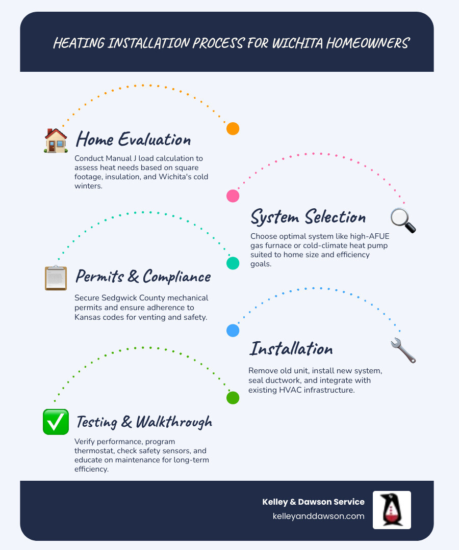 infographic showing the heating installation process for Wichita homeowners: step 1 home evaluation and Manual J load calculation, step 2 system selection based on efficiency and home needs, step 3 permit acquisition and code compliance, step 4 old system removal and new unit installation, step 5 ductwork sealing and connections, step 6 performance testing and homeowner walkthrough, with icons for furnace, heat pump, thermostat, and energy savings - heating installation in wichita, ks infographic infographic-line-5-steps-blues-accent_colors infographic showing the heating installation process for Wichita homeowners: step 1 home evaluation and Manual J load calculation, step 2 system selection based on efficiency and home needs, step 3 permit acquisition and code compliance, step 4 old system removal and new unit installation, step 5 ductwork sealing and connections, step 6 performance testing and homeowner walkthrough, with icons for furnace, heat pump, thermostat, and energy savings - heating installation in wichita, ks infographic infographic-line-5-steps-blues-accent_colors