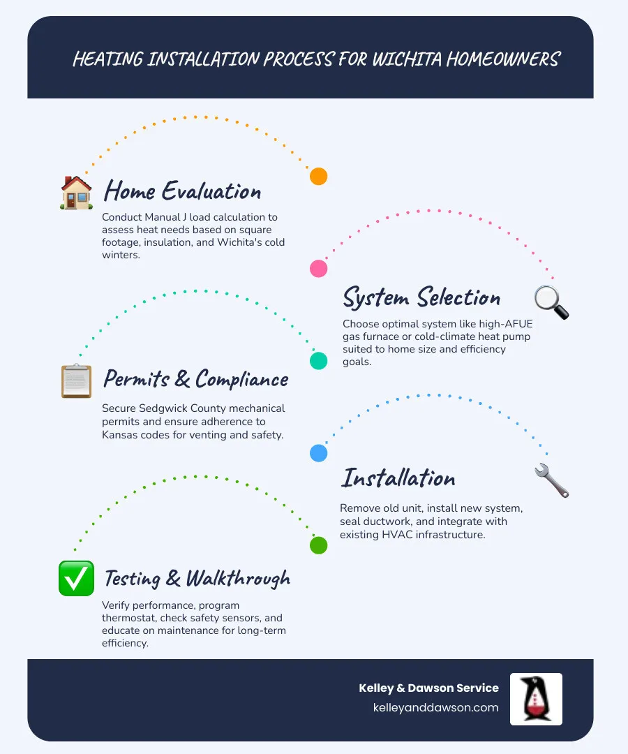 infographic showing the heating installation process for Wichita homeowners: step 1 home evaluation and Manual J load calculation, step 2 system selection based on efficiency and home needs, step 3 permit acquisition and code compliance, step 4 old system removal and new unit installation, step 5 ductwork sealing and connections, step 6 performance testing and homeowner walkthrough, with icons for furnace, heat pump, thermostat, and energy savings - heating installation in wichita, ks infographic infographic-line-5-steps-blues-accent_colors infographic showing the heating installation process for Wichita homeowners: step 1 home evaluation and Manual J load calculation, step 2 system selection based on efficiency and home needs, step 3 permit acquisition and code compliance, step 4 old system removal and new unit installation, step 5 ductwork sealing and connections, step 6 performance testing and homeowner walkthrough, with icons for furnace, heat pump, thermostat, and energy savings - heating installation in wichita, ks infographic infographic-line-5-steps-blues-accent_colors