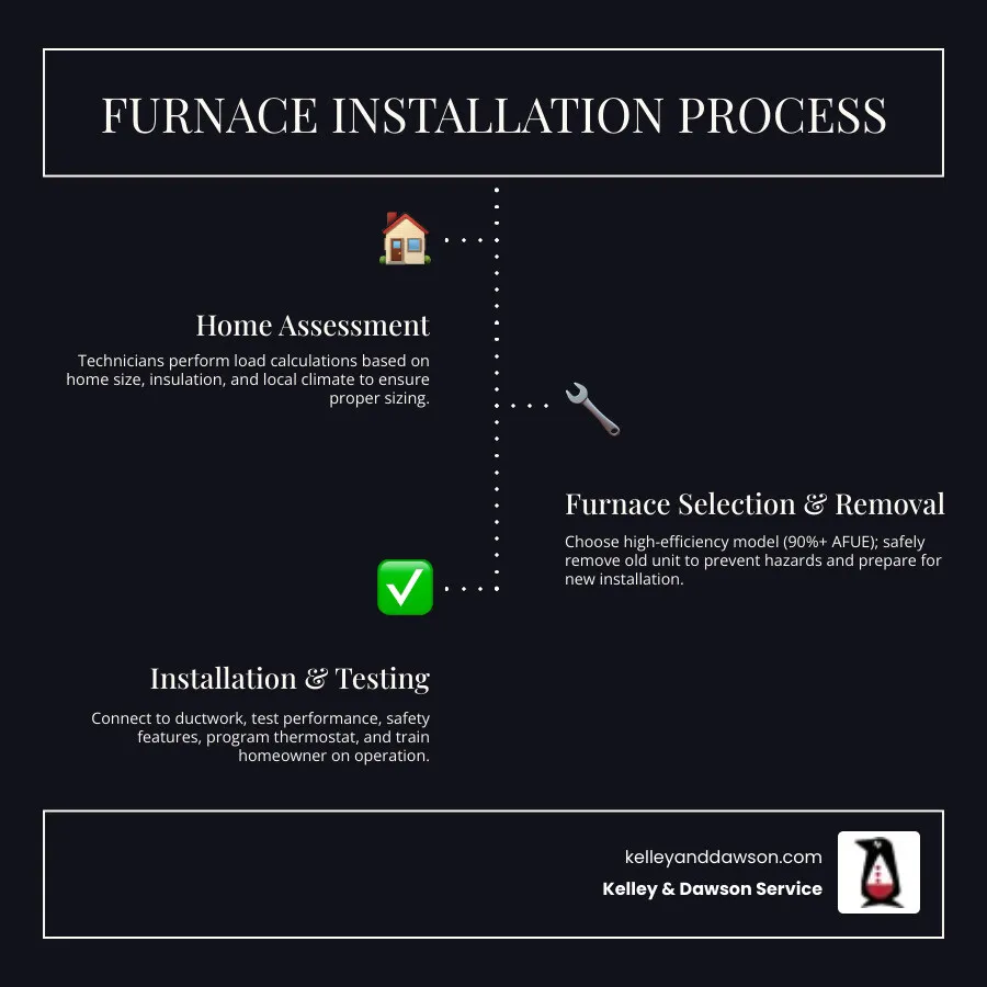 Infographic showing the furnace installation process: home assessment and load calculation, selecting the right high-efficiency furnace model, removing old equipment safely, installing new furnace with proper ductwork connections, testing system performance and safety features, programming thermostat and explaining operation to homeowner - furnace installation best in andover, ks infographic infographic-line-3-steps-dark