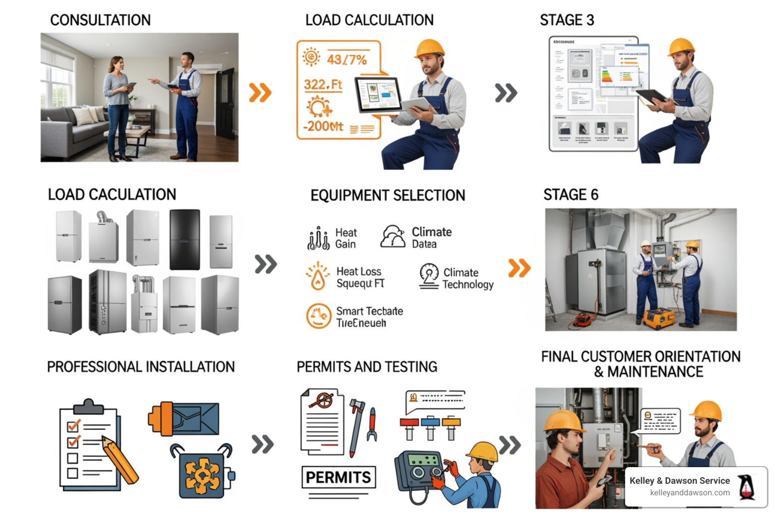 infographic showing the furnace installation process from consultation through load calculation, equipment selection, professional installation, permits and testing, to final customer orientation with maintenance tips - furnace installation affordable in wichita, ks infographic showing the furnace installation process from consultation through load calculation, equipment selection, professional installation, permits and testing, to final customer orientation with maintenance tips - furnace installation affordable in wichita, ks