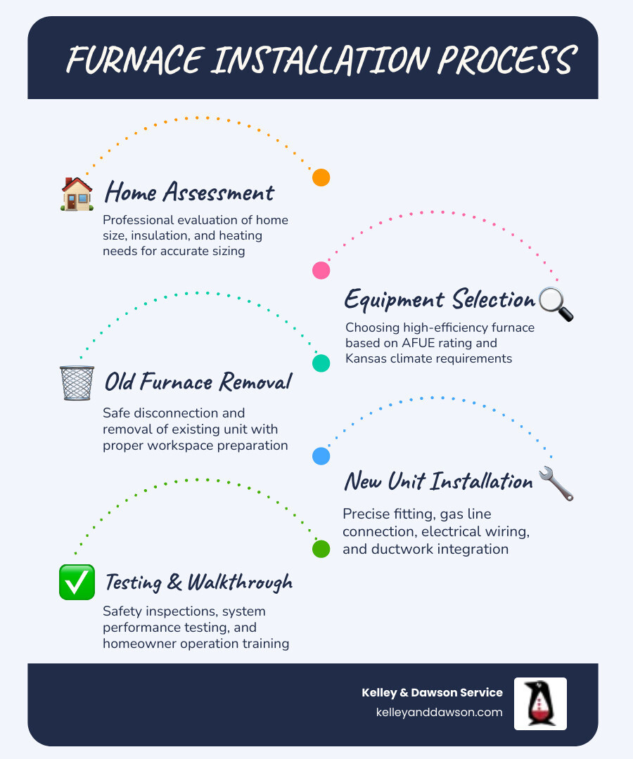 Infographic showing the furnace installation process: Step 1 - Home assessment and sizing calculations, Step 2 - Equipment selection based on AFUE rating and home needs, Step 3 - Old furnace removal and workspace preparation, Step 4 - New unit installation with ductwork connections, Step 5 - Safety inspection and system testing, Step 6 - Homeowner walkthrough and warranty registration - furnace installation in andover, ks infographic infographic-line-5-steps-blues-accent_colors