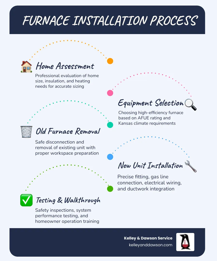 Infographic showing the furnace installation process: Step 1 - Home assessment and sizing calculations, Step 2 - Equipment selection based on AFUE rating and home needs, Step 3 - Old furnace removal and workspace preparation, Step 4 - New unit installation with ductwork connections, Step 5 - Safety inspection and system testing, Step 6 - Homeowner walkthrough and warranty registration - furnace installation in andover, ks infographic infographic-line-5-steps-blues-accent_colors