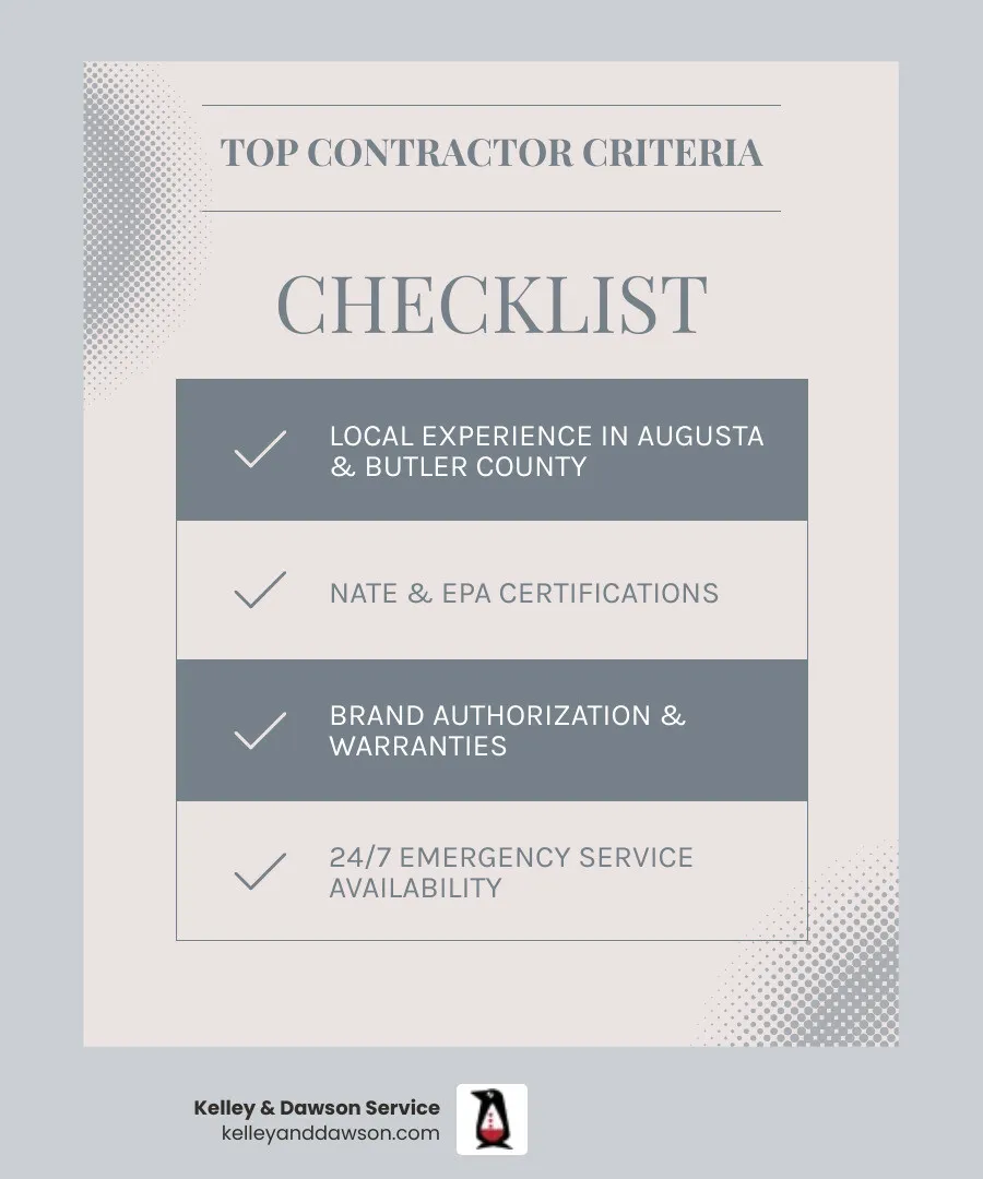 Infographic showing top 6 criteria for choosing heat pump installation contractors in Augusta KS: local experience, NATE and EPA certifications, brand authorization, 24/7 emergency service availability, maintenance plan options, and financing — with icons for each criterion and a brief explanation of why each matters for Augusta homeowners - heat pump installation contractors in augusta, ks infographic checklist-light-blue-grey