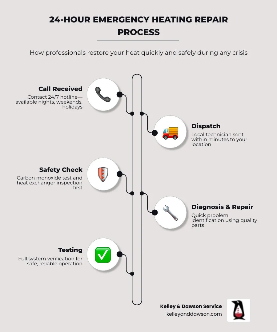 Infographic showing 24-hour emergency heating repair process: 1. Call received any time day or night, 2. Technician dispatched within minutes, 3. Safety assessment and diagnosis performed, 4. Repair completed with quality parts, 5. System tested for safe operation - heating repair 24 hour in goddard, ks infographic infographic-line-5-steps-elegant_beige