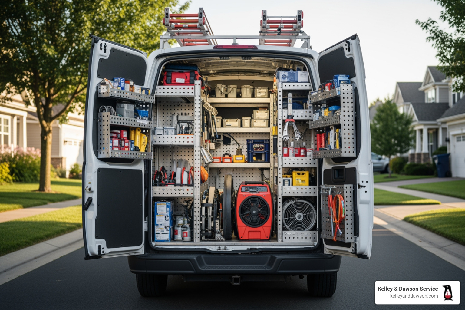 A professional HVAC service van parked in a residential neighborhood, fully stocked with tools and replacement parts - heating repair affordable in goddard, ks A professional HVAC service van parked in a residential neighborhood, fully stocked with tools and replacement parts - heating repair affordable in goddard, ks