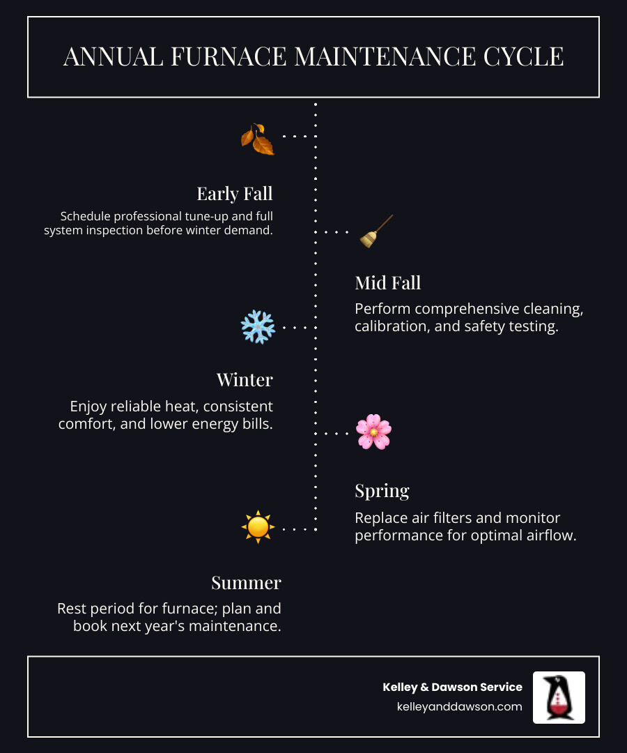 Infographic showing the annual furnace maintenance cycle: Early Fall - Schedule professional tune-up and inspection; Mid Fall - Complete cleaning, calibration, and safety testing; Winter - Enjoy reliable heat and lower energy bills; Spring - Replace filters and monitor performance; Summer - Rest period for furnace, plan next year's maintenance; cycle repeats - furnace maintenance in derby, ks infographic infographic-line-5-steps-dark