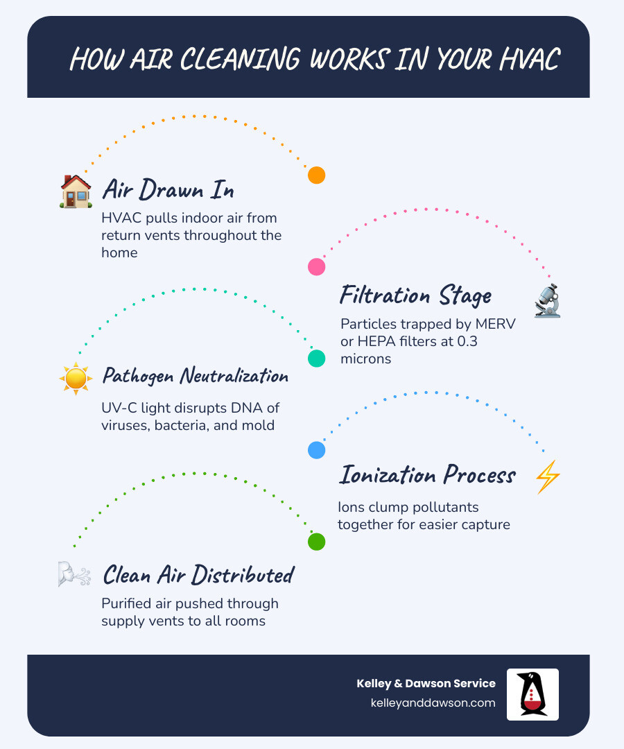 Infographic showing air path through a whole-home HVAC purification system from return vents through filter UV and ionizer