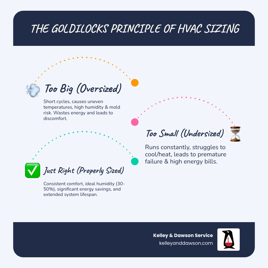 Infographic showing the Goldilocks principle of HVAC sizing - too big, too small, and just right with effects on comfort and Infographic showing the Goldilocks principle of HVAC sizing - too big, too small, and just right with effects on comfort and