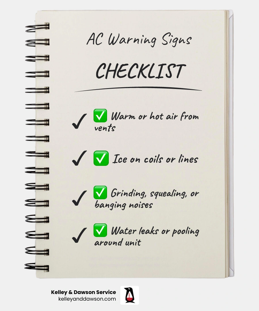 Infographic showing common AC warning signs and whether they are DIY or professional issues - when to call a professional Infographic showing common AC warning signs and whether they are DIY or professional issues - when to call a professional