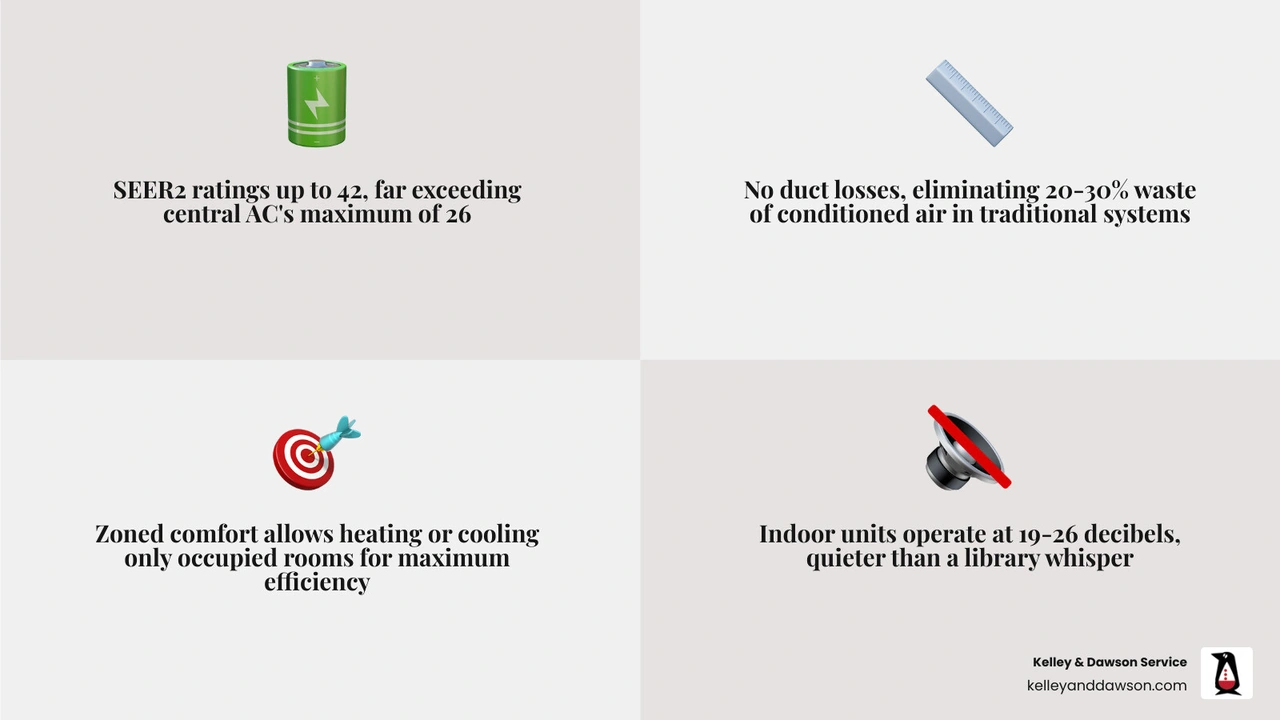 Infographic showing ductless mini split pros and cons for Kansas homes with heating and cooling flow diagram - ductless mini
