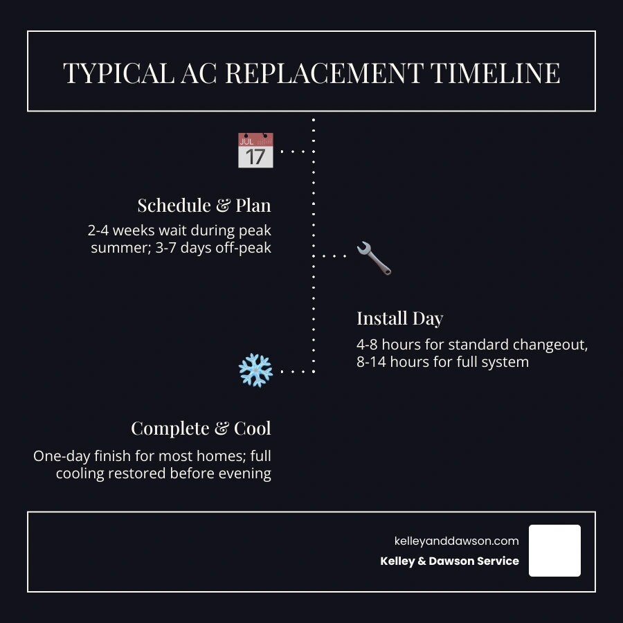 Infographic showing AC replacement timeline from scheduling to completed installation with time estimates infographic