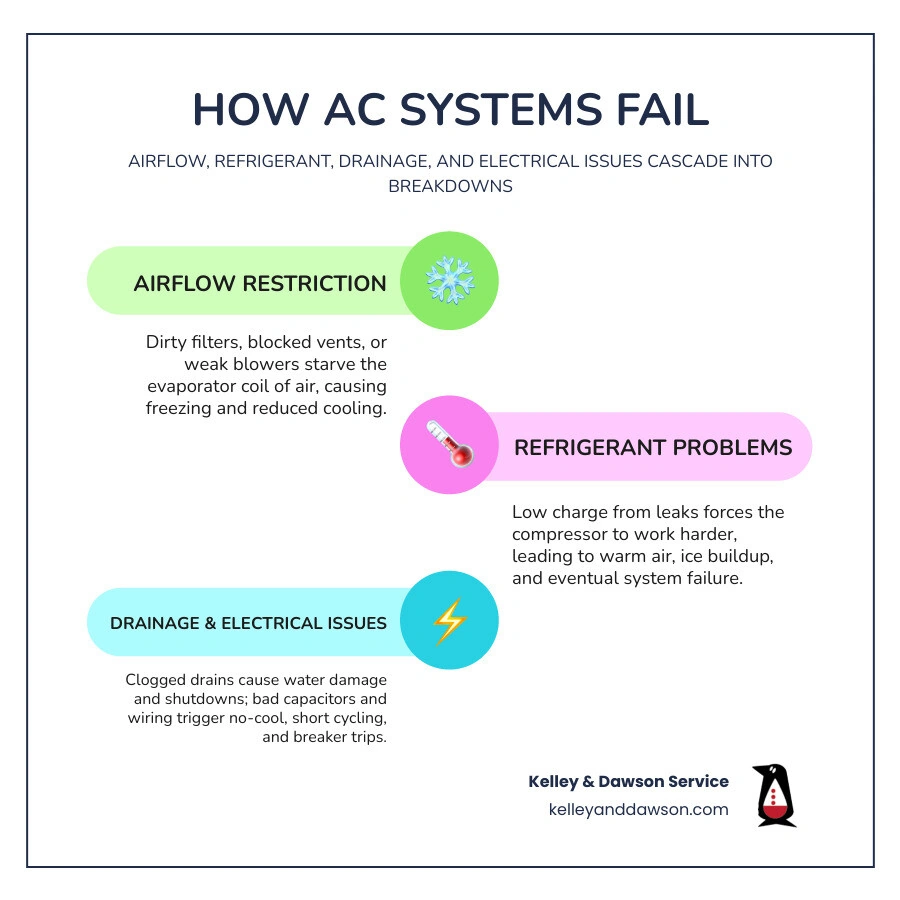 Infographic showing how AC system failures trace back to airflow, refrigerant, drainage, and electrical problems infographic Infographic showing how AC system failures trace back to airflow, refrigerant, drainage, and electrical problems infographic