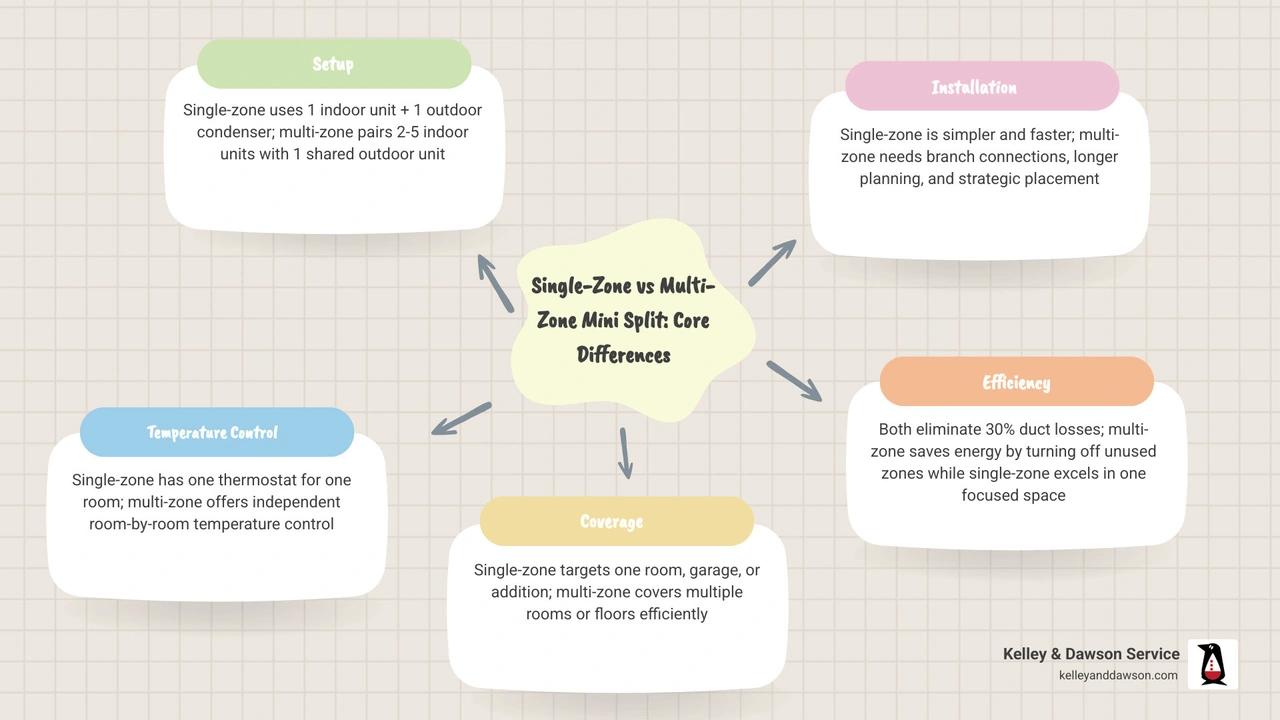 Single-zone vs multi-zone mini split comparison infographic: components, coverage, and best use cases infographic