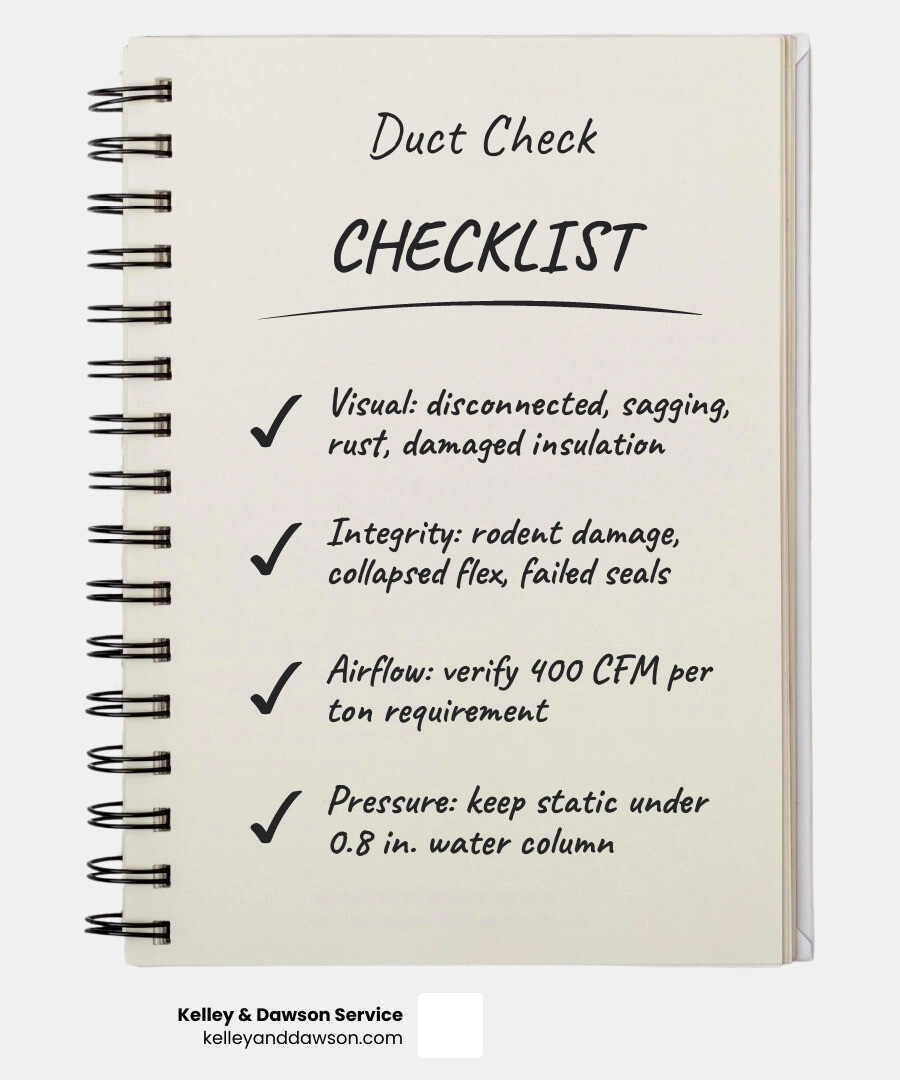 Infographic showing the 7 steps of ductwork evaluation during AC replacement with airflow and static pressure benchmarks