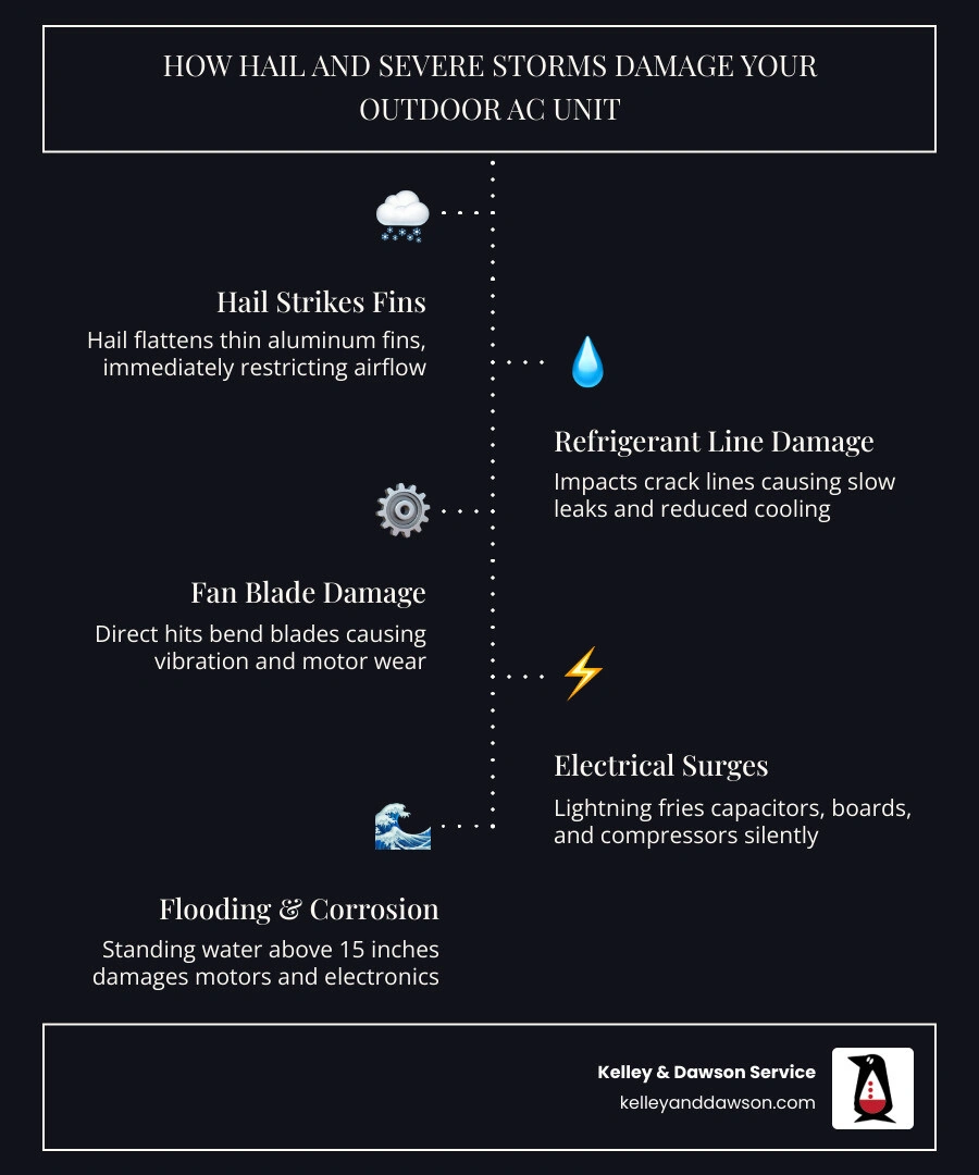 Infographic showing how hail and severe storms damage outdoor HVAC units step by step infographic