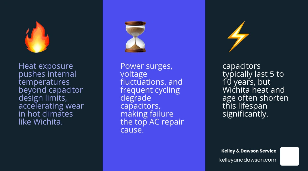 Infographic showing why capacitor failure is the most common AC repair causes symptoms and lifespan facts infographic Infographic showing why capacitor failure is the most common AC repair causes symptoms and lifespan facts infographic