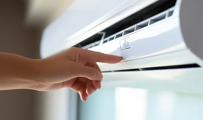 A person's hand reaches up to press a button on a white, wall-mounted air conditioning unit.