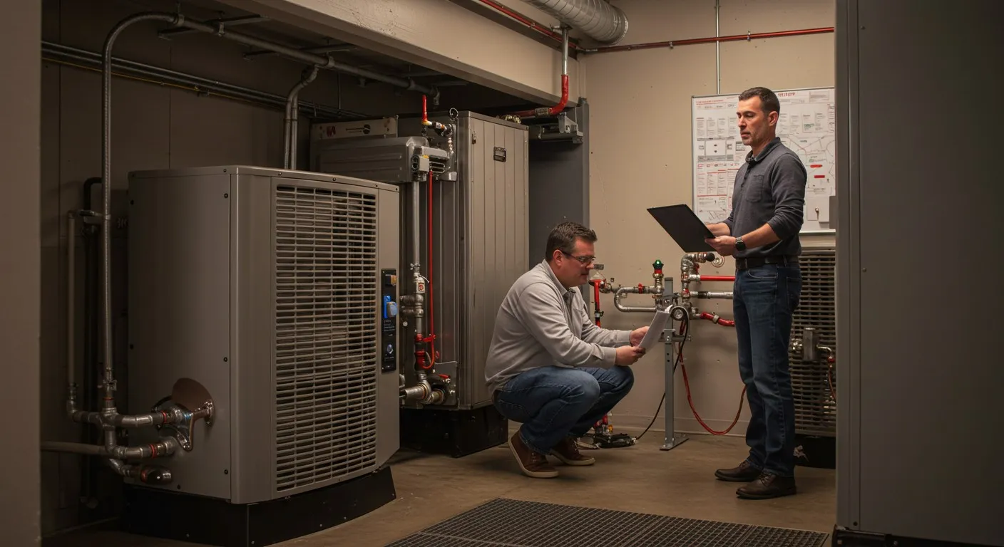 Two men inspecting HVAC equipment in a room.