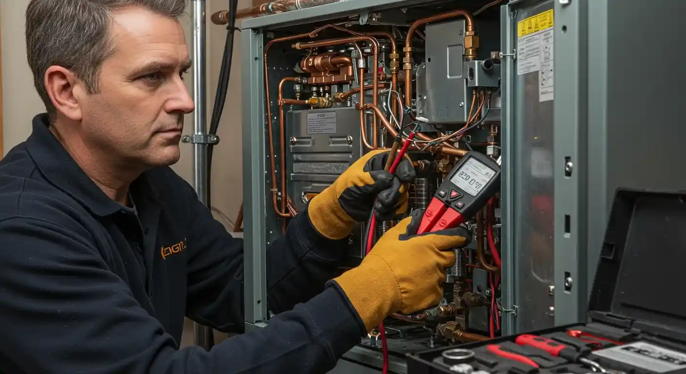 A technician in black and yellow gloves holds a red multi-meter to test a furnace's internal wiring and components.