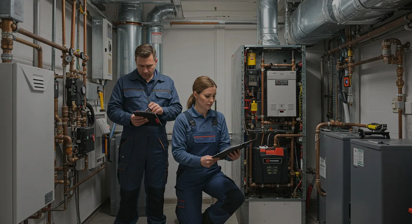 Two people inspecting industrial heating equipment.