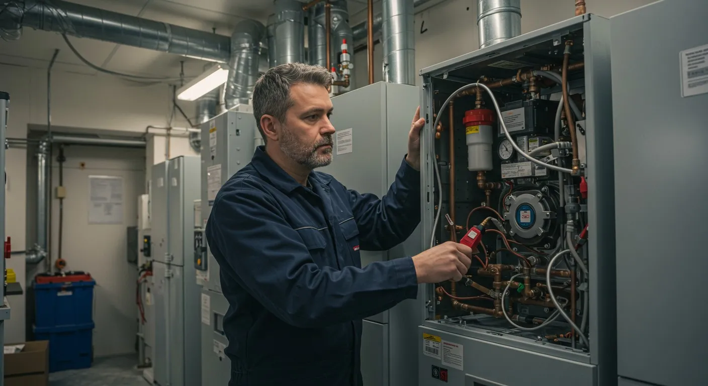 A technician checking an heating unit panel.