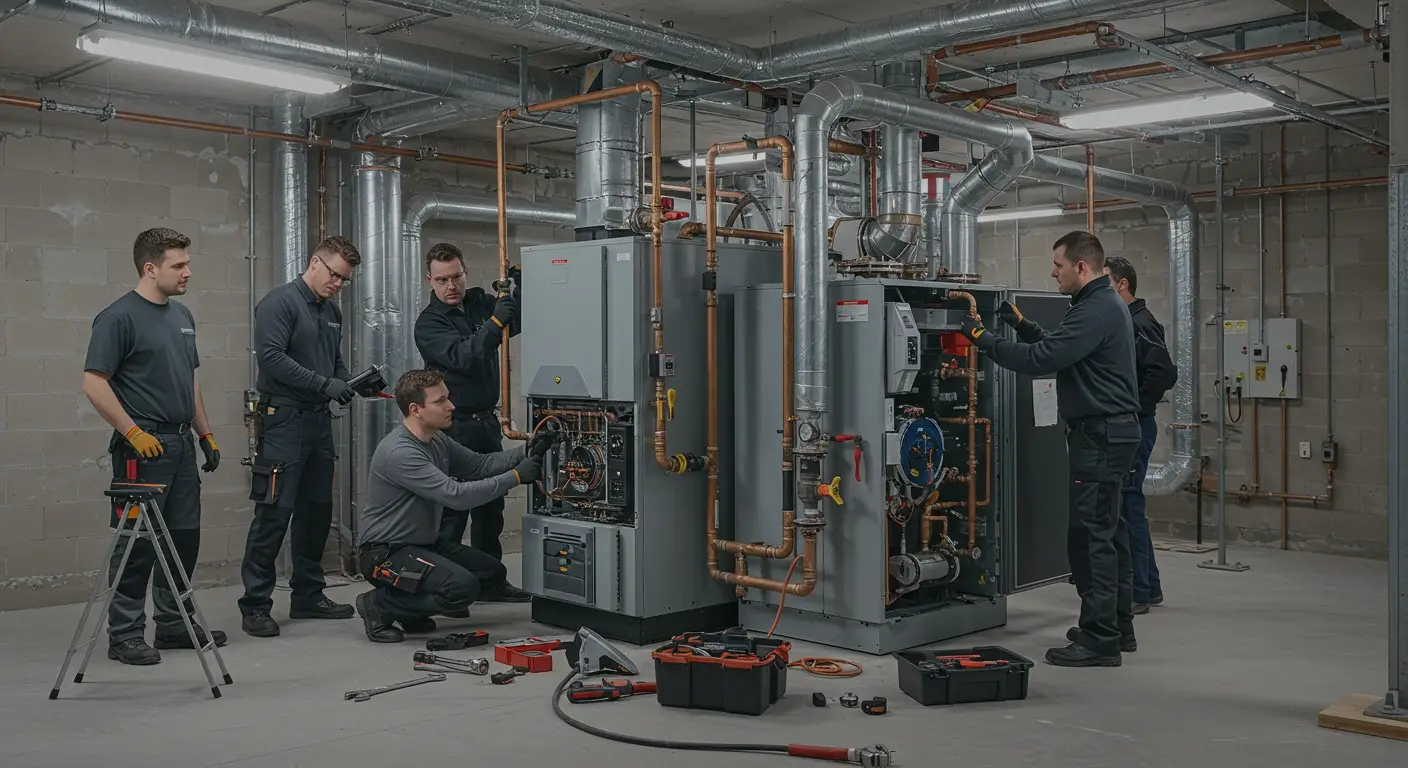 Six male technicians servicing a heating unit.