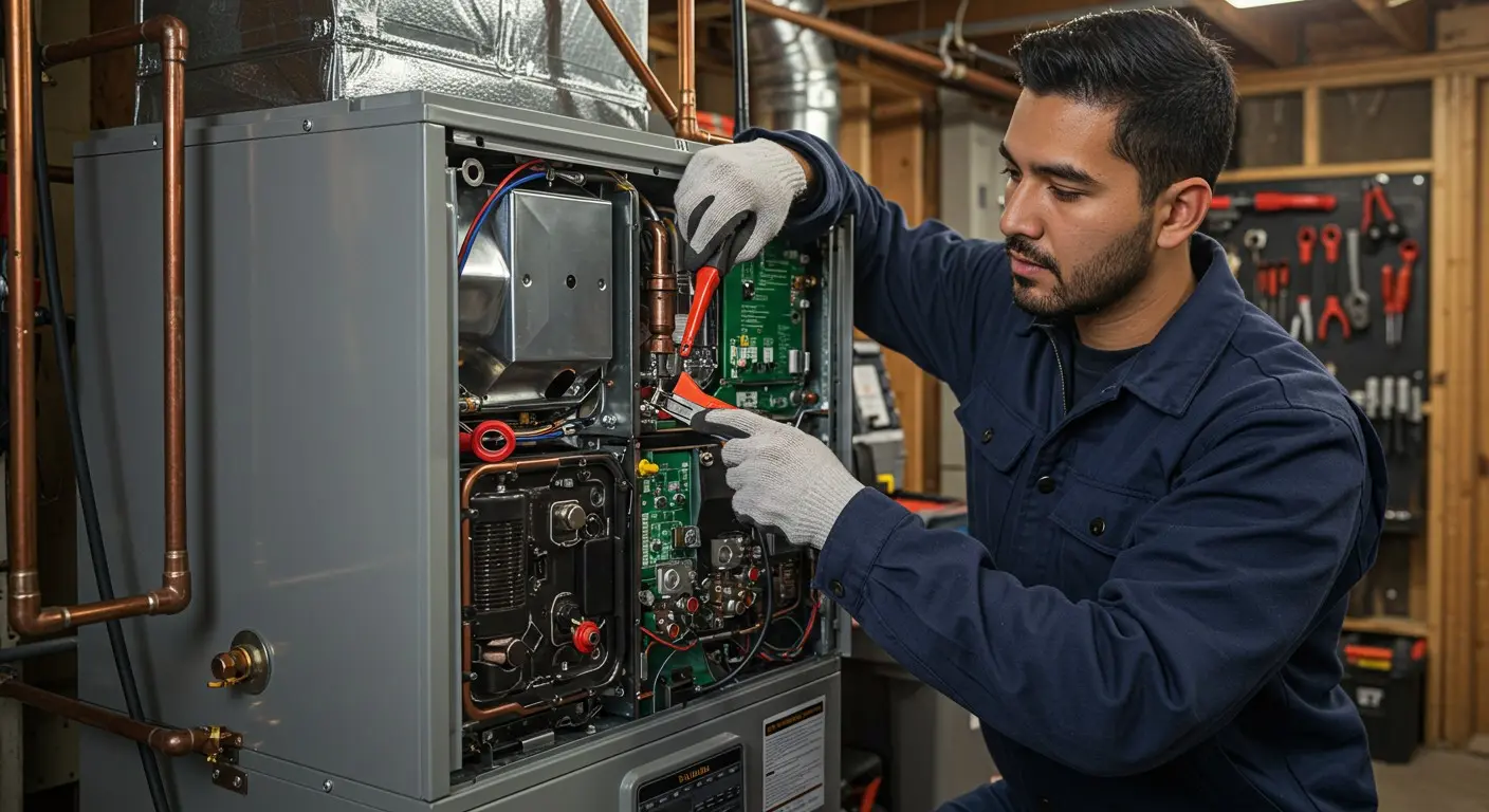 A male technician inspecting an furnace.