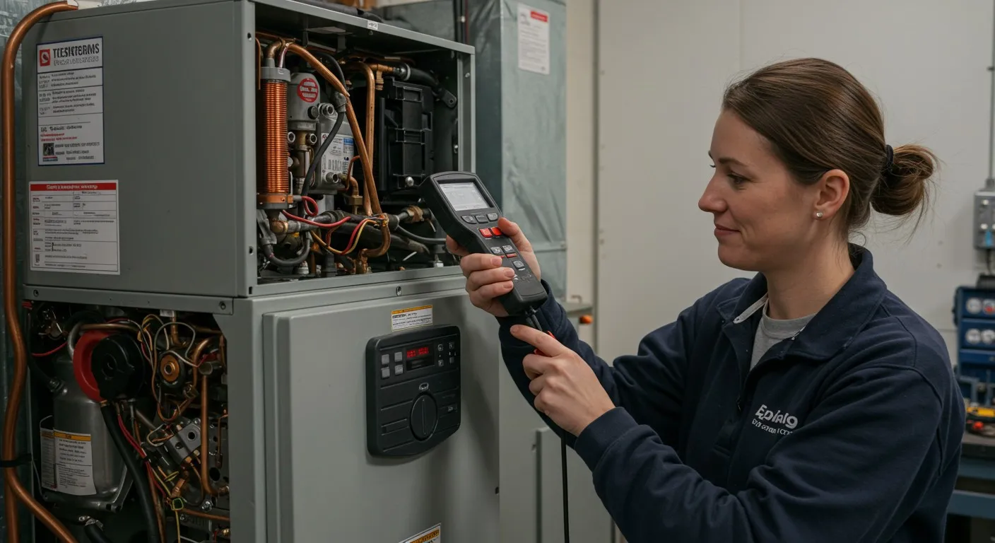 A female technician servicing a furnace unit.