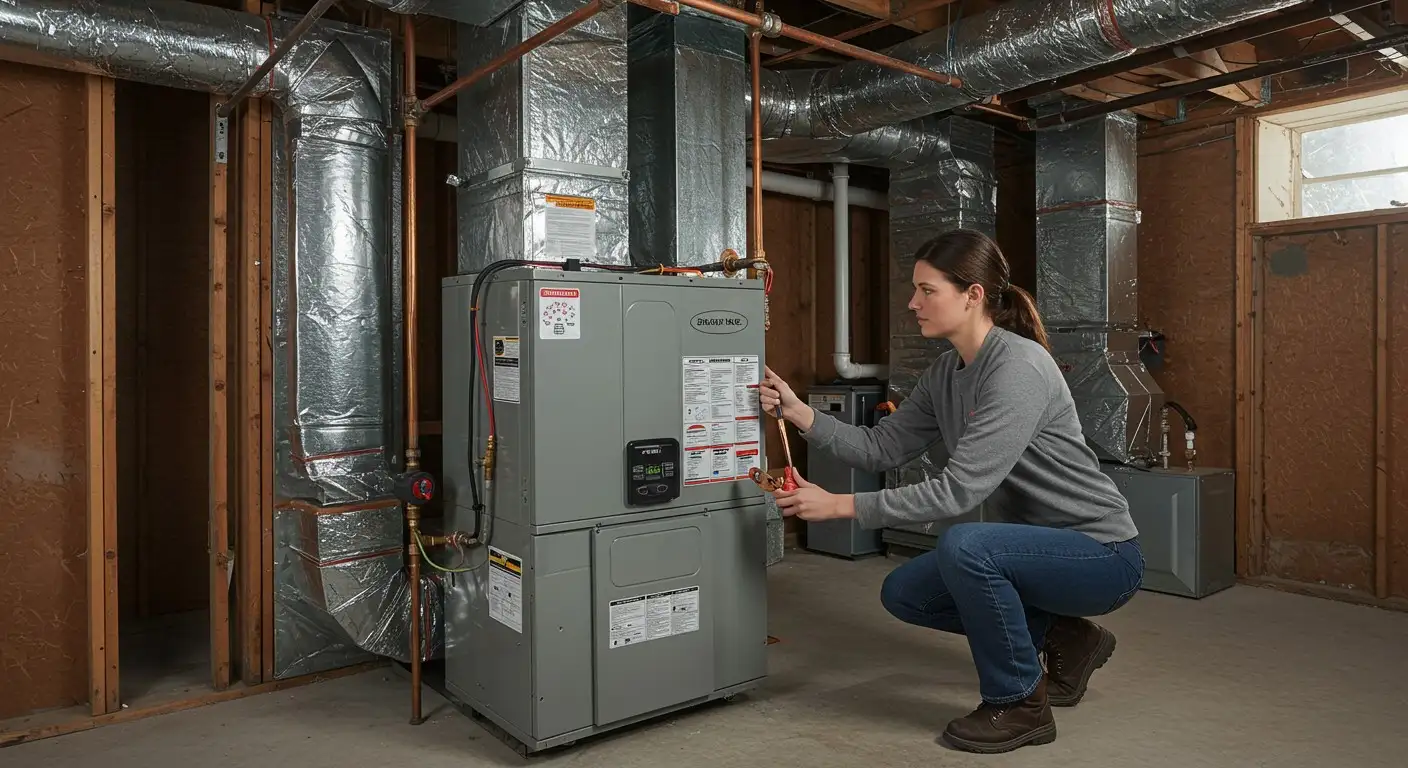 A female technician servicing a furnace.