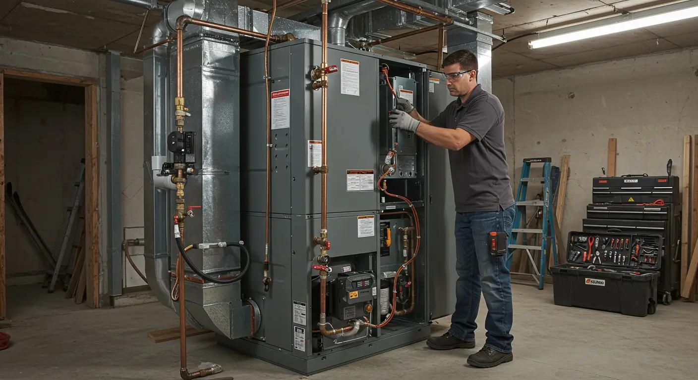 A male technician inspecting a furnace unit.