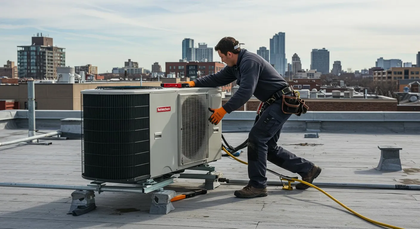 A worker installing an AC unit on a city rooftop.